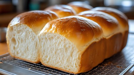Freshly baked Japanese milk bread loaf with soft, fluffy texture and golden brown crust cooling on wire rack, showing detailed crumb structure and pull-apart sections.