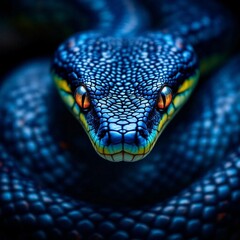 Fototapeta premium blue glowing snake, dark close-up, reptilian scales, red glowing eyes, hyper-realistic, detailed, 8k, cinematic