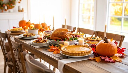 A rustic wooden table laden with a vibrant Thanksgiving spread of golden turkey, pumpkin pie, and cranberry sauce, surrounded by colorful fall leaves and glowing candles in a cozy dining room, capture