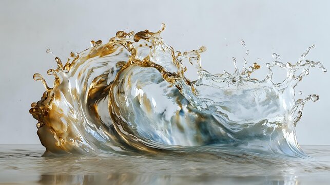 Dynamic liquid wave formation combining clear and brown water splashing and colliding, creating dramatic motion and texture against light background.
