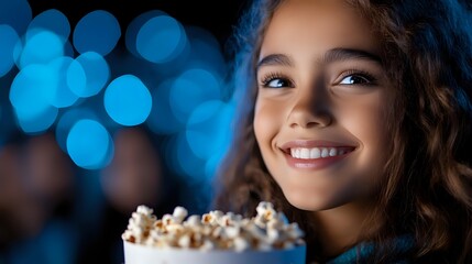 Young woman with curly hair smiling while holding popcorn at movie theater with blue bokeh lights in background, enjoying entertainment and snacks.