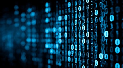 Abstract digital technology background depicting flowing blue binary code and dynamic depth of field, creating data matrix.