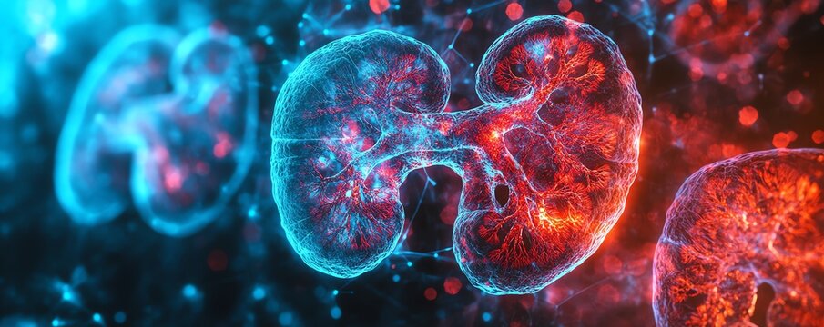 Chronic kidney disease effects on renal tissue, kidney pathology image, histopathology highlighting glomerular damage, tubule fibrosis, medical imaging of kidney degeneration