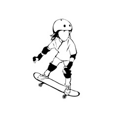 Fototapeta premium Sketch of boy skateboarder in full protection and helmet riding on skateboard, Hand drawn line art vector illustration isolated on white background. Vektor