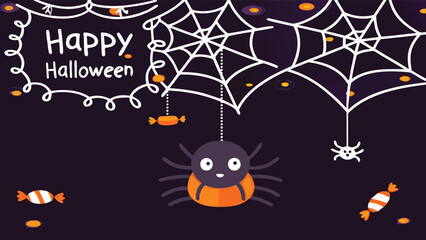 Happy halloween illustration with spider webs, candies, and cute spider on a dark background