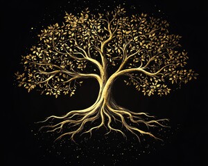 Gold tree of life with intricate roots and branches, handdrawn style, black background for contrast, spiritual and artistic expression, radiant golden tones