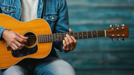Fototapeta premium Close up of hands skillfully playing an acoustic guitar, capturing the essence of a musician practicing and creating beautiful melodies