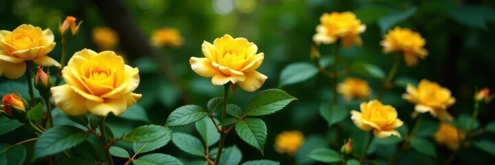 Fototapeta premium Golden yellow rose blossoms surrounded by deep green foliage overhead , flower, rose, yellow