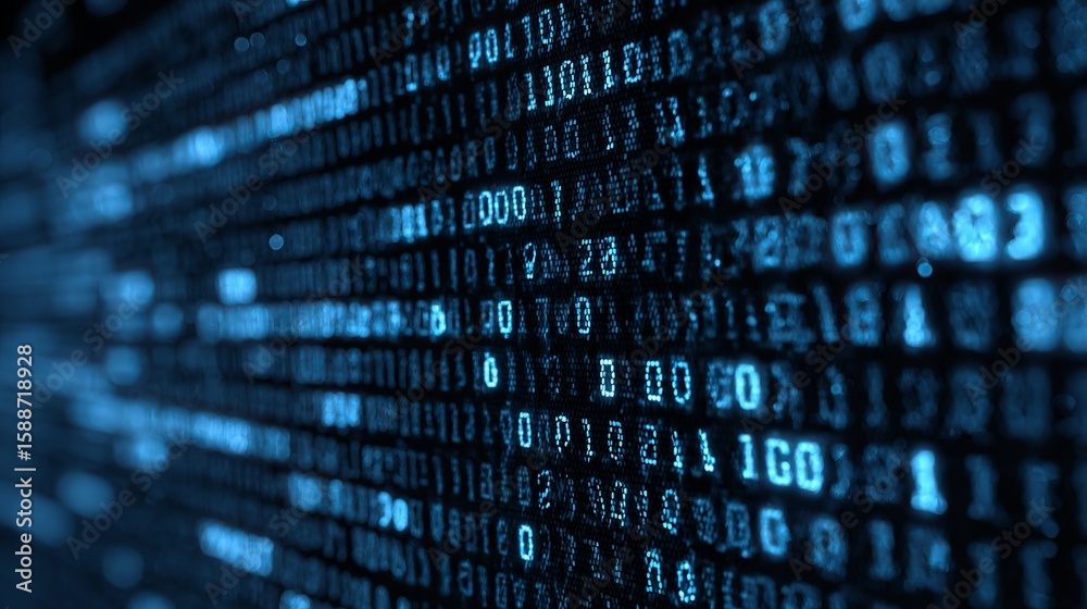 Poster cybernetic code cascade: abstract digital rain of binary streams illuminates the dark future of tech