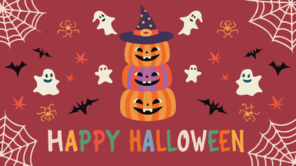 Illustration featuring stacked pumpkins with a witch hat surrounded by halloween elements and happy halloween
