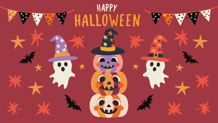 Happy halloween design featuring stacked pumpkins, ghosts, bats, stars and a festive banner design