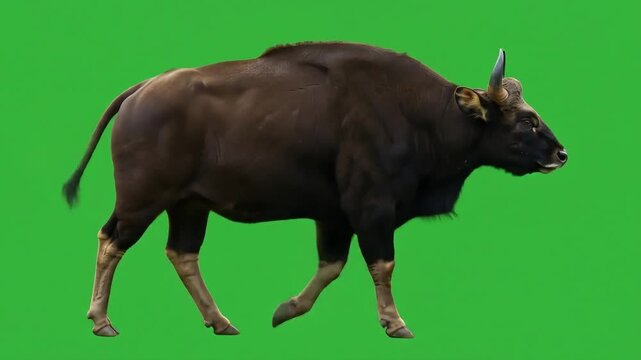 A large darkbrown gaur stands sideways against a green background Its horns are lightcolored