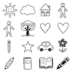 Whimsical Hand-Drawn Crayon Icon Set for Playful Designs | Rainbow icons. Heart icons. Crown icons. Flower icons. Sun icons. Smile icons. Star icons. Cloud icons. School icons.