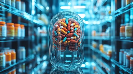 Pills for cognitive improvement, enhancing memory and focus, innovative supplements for brain health, futuristic cognitive function boosters, mental clarity enhancement