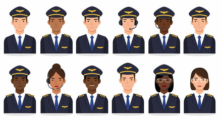 Airline Crew Character Set Diverse Male and Female Pilot Avatars in Uniform.