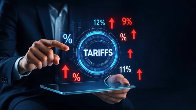 Hands point at holographic interface from tablet with tariffs text and floating percentages and arrows icons, showing import tax, tariff document, export duty fluctuations