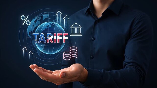 Man open hand holding glowing globe labeled tariff made of american flag theme and icons for finance, showing import tax, tariff document, export duty in trade analysis