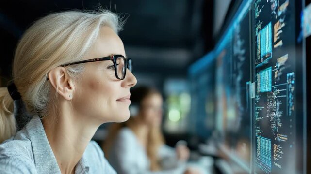 Innovative woman excels technology, computer programming, and data analysis modern office