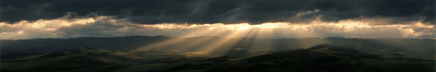 Fototapeta premium Dramatic sunlight breaking through clouds nature landscape 360 degrees hdr panorama view