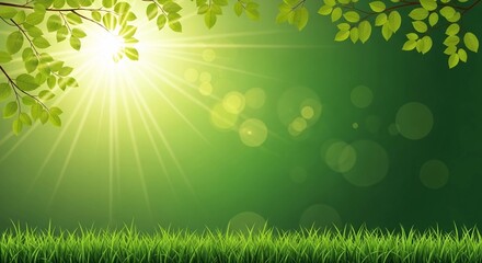 Obraz premium Vibrant Green Nature Background with Sun Rays, Leaves, and Lush Grass