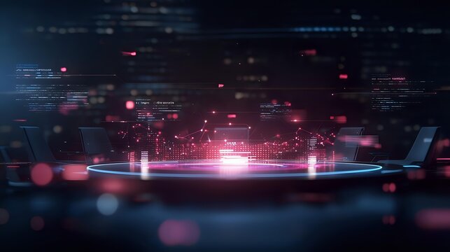 Futuristic digital platform with glowing red lights and code elements against dark background creates dramatic cybersecurity visualization effect.
