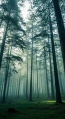 Fototapeta premium Towering pine trees shrouded in ethereal fog create mystical and serene atmosphere in dense forest, with sunlight filtering through the mist