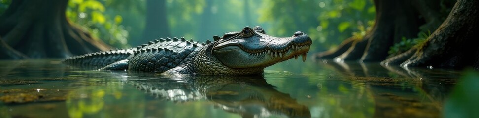 Fototapeta premium Massive alligator submerged in murky swamp water, apex predator, reptilian, animal photography