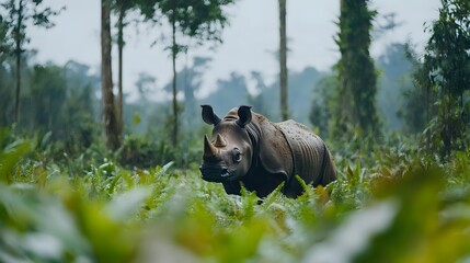 Fototapeta premium Endangered rhinoceros walking through lush green vegetation in natural habitat, surrounded by tall trees and wild plants in misty morning atmosphere.