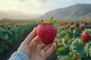 Fresh ripe strawberry held in hand against blurred strawberry field background at sunset, mountains in distance, organic farming and harvest concept.