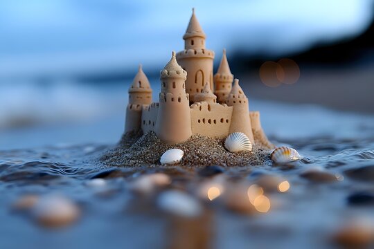 Detailed sandcastle with towers and turrets on beach surrounded by seashells and gentle waves at sunset, creating magical summer atmosphere.