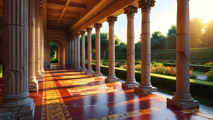 An ultra-realistic AI-generated image showing a side-angle view of a classical ancient corridor with stone columns and vintage tiled floor, bathed in soft golden sunset light.
