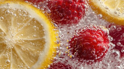 Lemon, raspberry slices floating in sparkling water, presenting refreshing, crisp beverage with vibrant colors and hydrating appeal