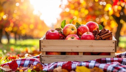 A sunlit orchard scene with a wooden crate filled with ripe apples, pecans, and cinnamon sticks, draped with a plaid cloth, framed by vibrant red and yellow foliage in crisp focus.