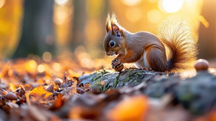 Obraz premium Curious squirrel crouched on a log covered in dry leaves, nibbling on a hazelnut with soft autumn colors and bokeh in the background