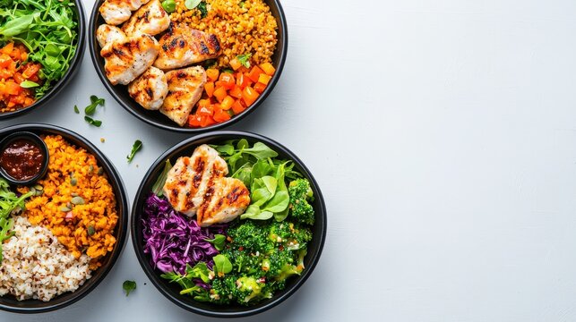 Vibrant fitness meal prep bowls offer a balanced nutrition with lean proteins, fresh greens, and whole grains, perfect for a healthy lifestyle