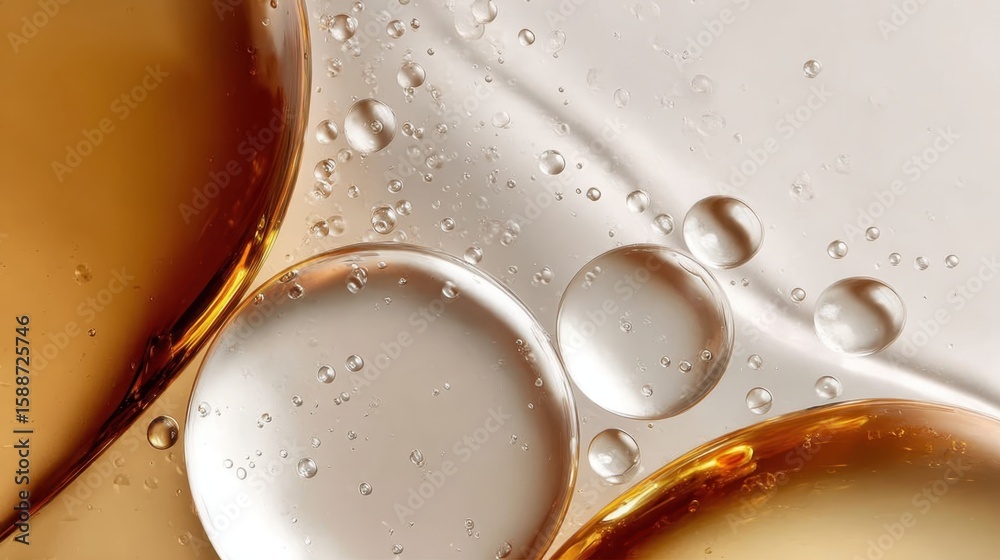 Poster golden oil bubbles of varying sizes are creating an abstract pattern on the surface of a liquid, for
