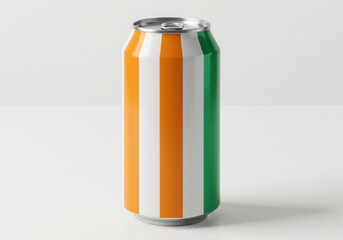 Fototapeta premium A tall aluminum can with vertical orange white and green stripes isolated on white background