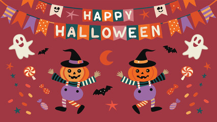 Happy halloween banner with pumpkin witches, ghosts, bats, and colorful candies on a red background