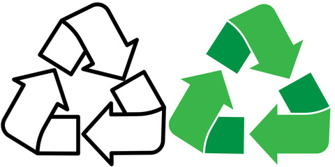 Product recycling icon in green and outlines, eco symbol for recycling paper, glass or plastics, isolated on a transparent background 