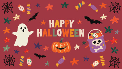 Happy halloween background with ghost, pumpkin, bats, stars, candy and spider webs on a maroon background
