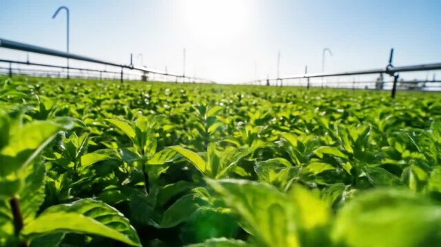 Lush mint field under irrigation system, vibrant green leaves swaying in the breeze on a sunny day