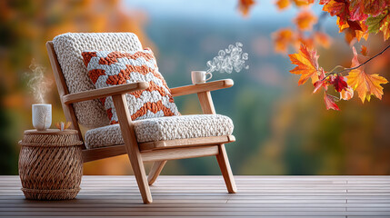 Cozy wool throw and cushion on wooden chair with hot drinks on terrace in autumn forest view