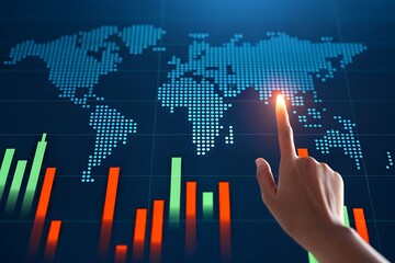 A finger touches a global market map with financial chart, showcasing business analytics and data analysis.