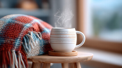 Cozy ceramic mug with steam beside plaid blanket on wooden stool in warm autumn light
