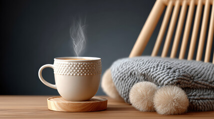 Cozy ceramic mug with hot drink on wooden table beside soft blanket and wooden chair