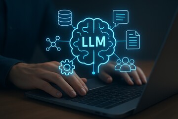 Person uses laptop with glowing LLM brain icon, symbolizing large language models and artificial intelligence.