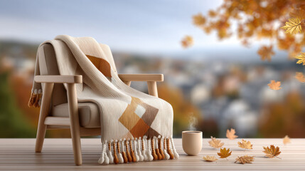 Cozy autumn terrace with handmade wool throw, wooden chair, and warm drink in peaceful setting