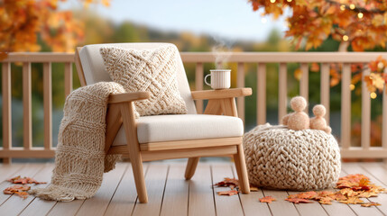 Cozy autumn terrace with wool throw, knit pillow, and warm drink on wooden chair