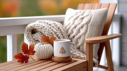 Cozy autumn balcony with knitted blanket, wool pillow, coffee mug and fall leaves decor