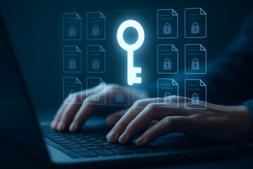 Securing digital data with a glowing key and file icons, symbolizing cybersecurity and access control.
